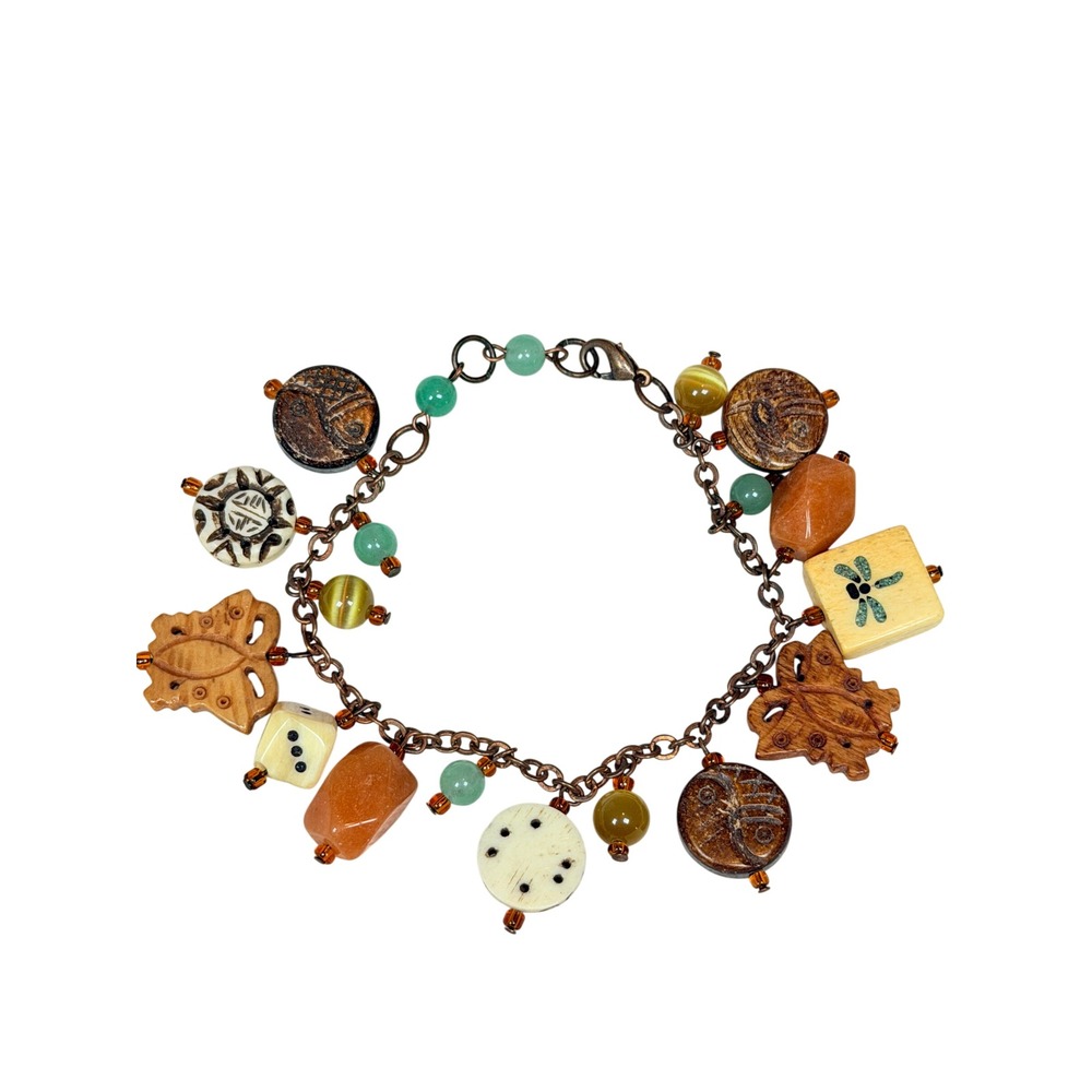 Vintage Asian Inspired Charm Bracelet Wood Stone Bone Beads Boho Eclectic Brown